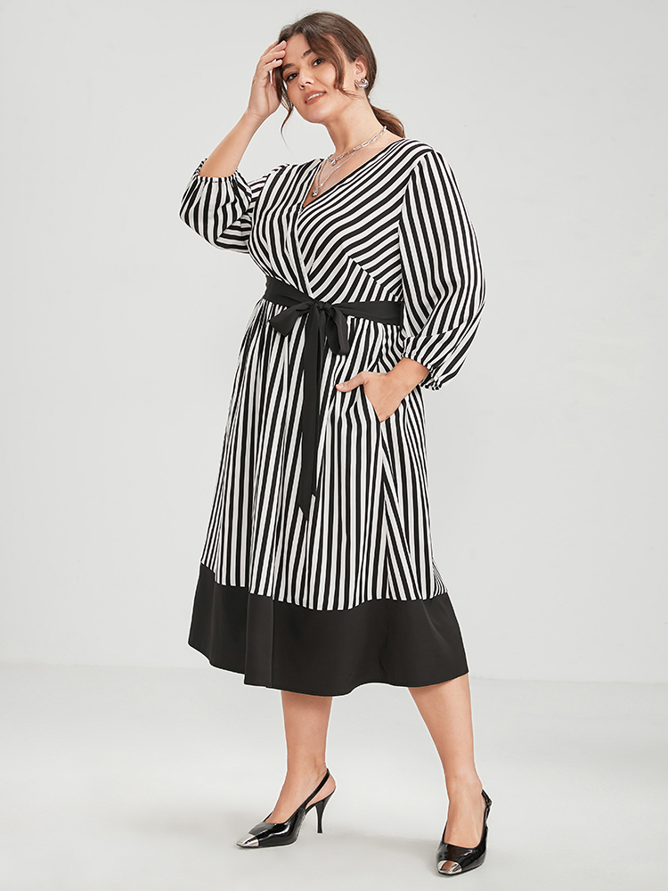 Plus Size Women Work Striped Belted Lantern Sleeve Elbow-length sleeve V-neck Pocket Belt Office Dresses BloomChic 