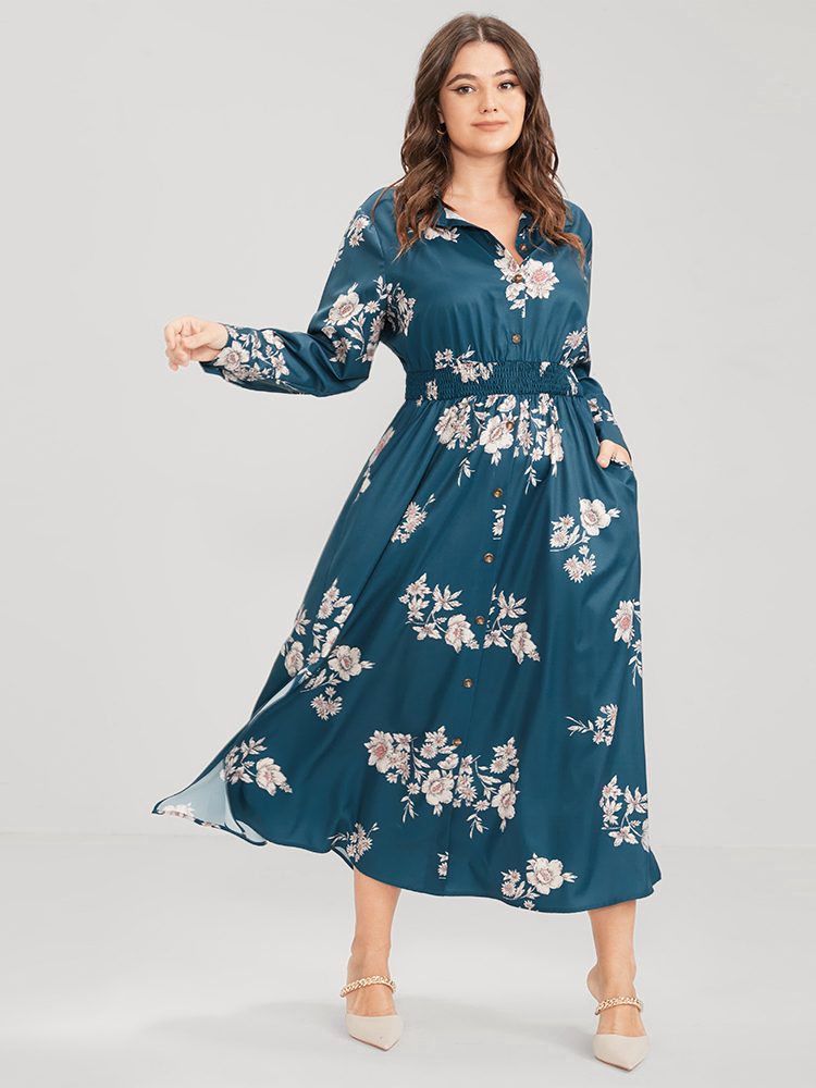 Plus Size Women Dailywear Floral Printed Regular Sleeve Long Sleeve Shirt collar Pocket Elegant Dresses BloomChic 
