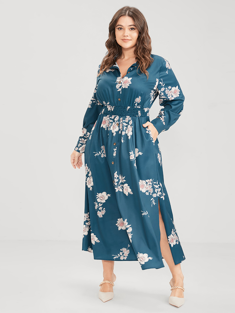 Plus Size Women Dailywear Floral Printed Regular Sleeve Long Sleeve Shirt collar Pocket Elegant Dresses BloomChic 