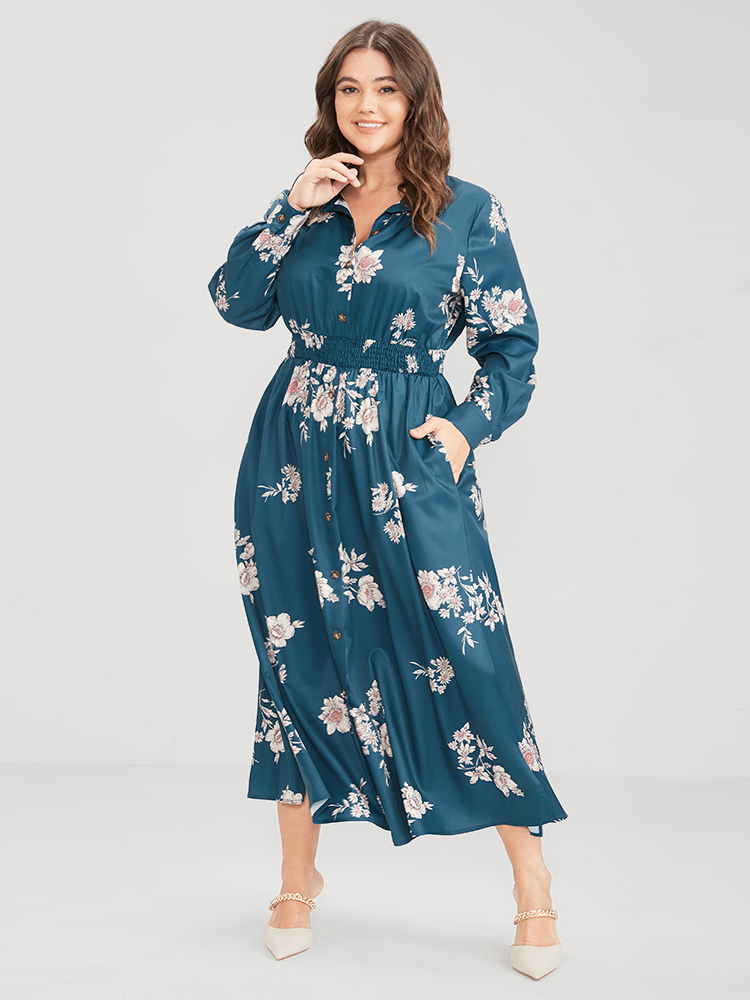 Plus Size Women Dailywear Floral Printed Regular Sleeve Long Sleeve Shirt collar Pocket Elegant Dresses BloomChic 