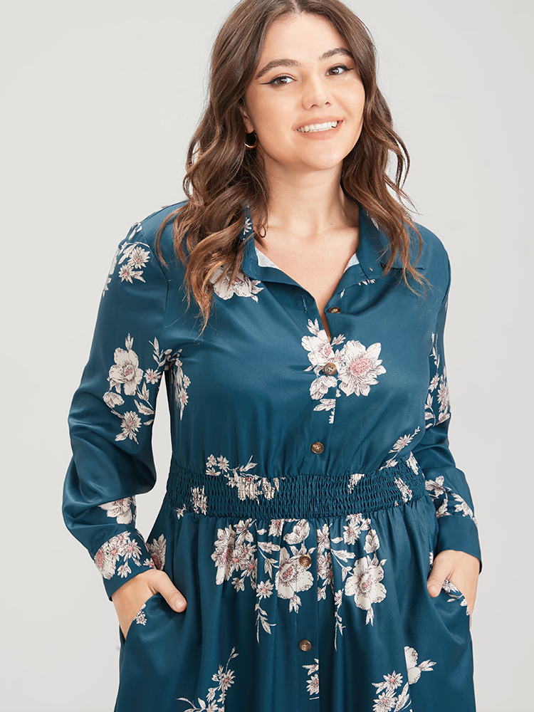 Plus Size Women Dailywear Floral Printed Regular Sleeve Long Sleeve Shirt collar Pocket Elegant Dresses BloomChic 