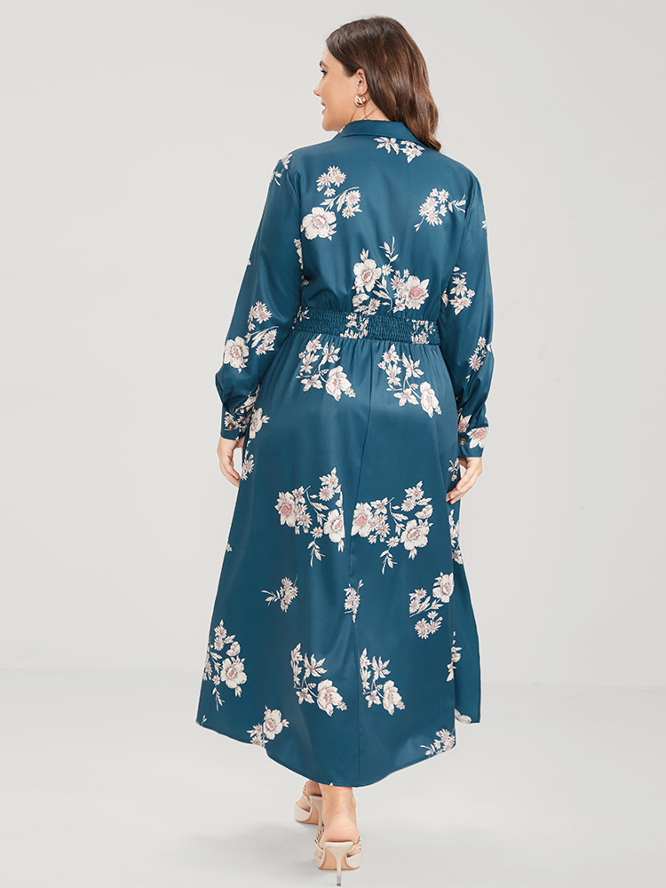 

Plus Size Floral Button Up Pocket Split Shirred Shirt Collar Dress Aegean Women Elegant Printed Shirt collar Long Sleeve Curvy Midi Dress BloomChic