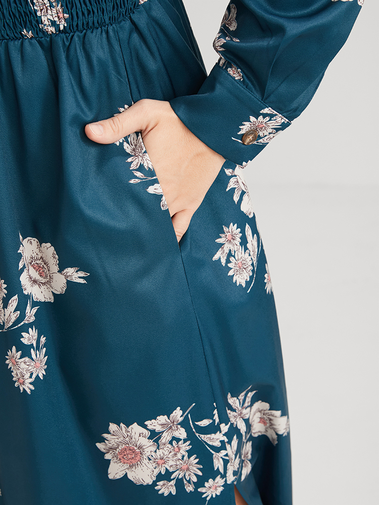 Plus Size Women Dailywear Floral Printed Regular Sleeve Long Sleeve Shirt collar Pocket Elegant Dresses BloomChic 