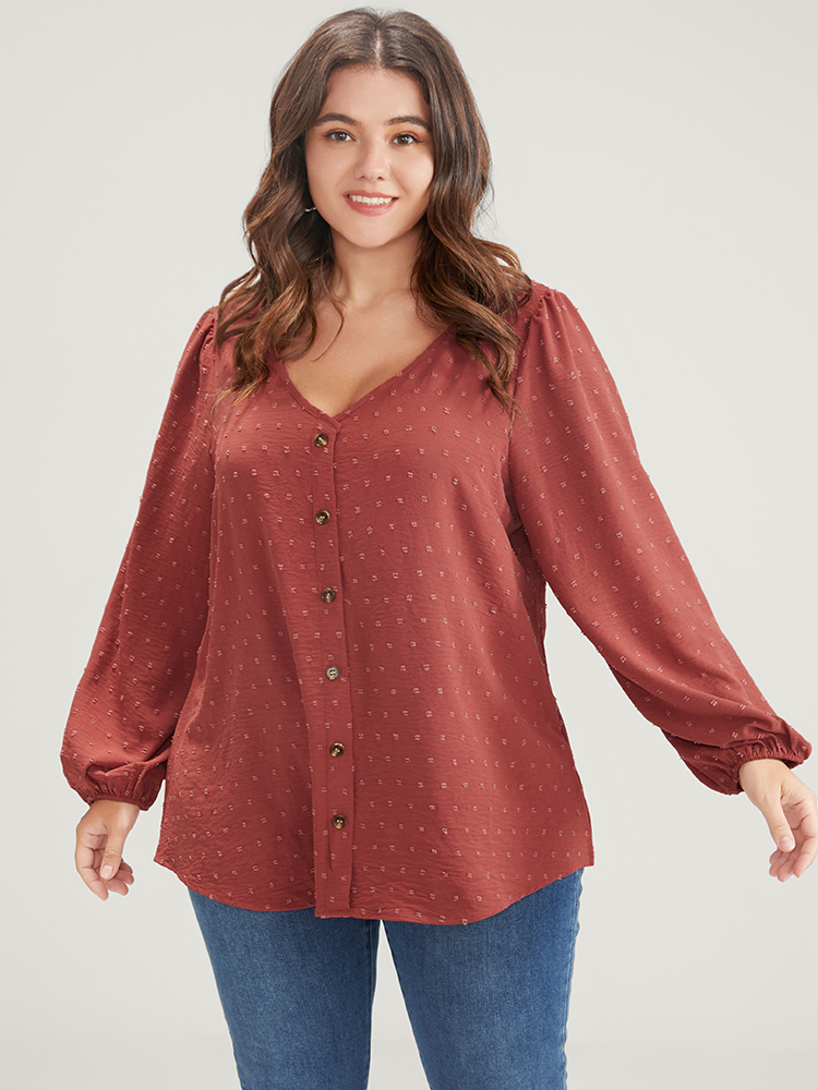 

Plus Size Russet Solid Button Lantern Sleeve V Neck Blouse Women Elegant Long Sleeve V-neck Dailywear Blouses BloomChic