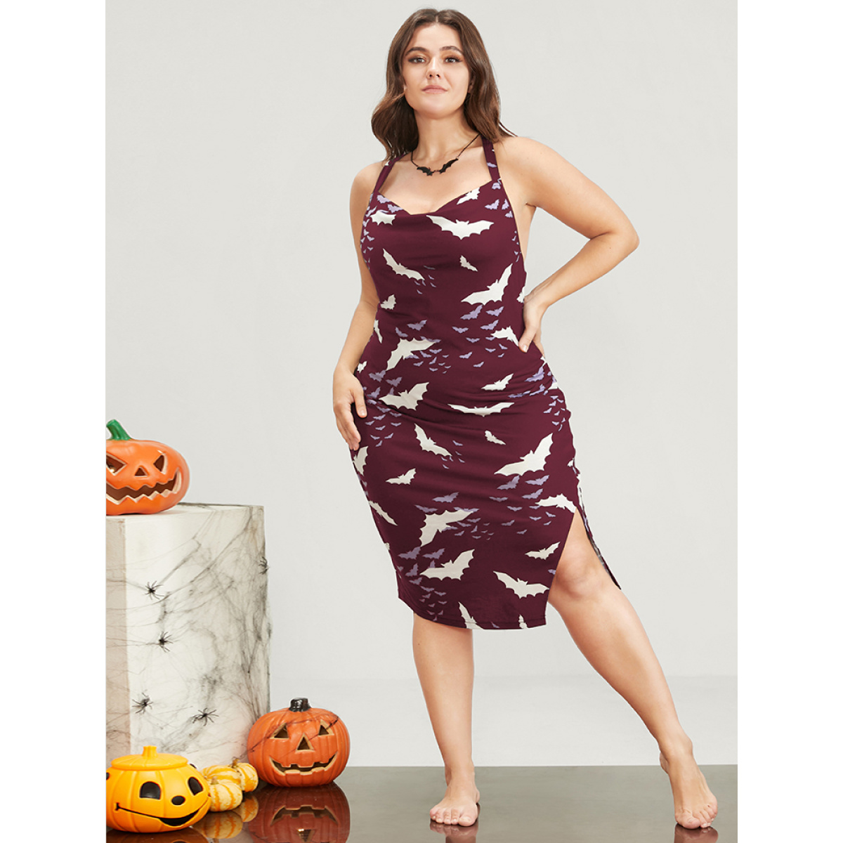 

Plus Size Halloween Crisscross Backless Split Hem Cami Dress Burgundy Sleeveless Spaghetti Strap Glamour Going out  Bloomchic