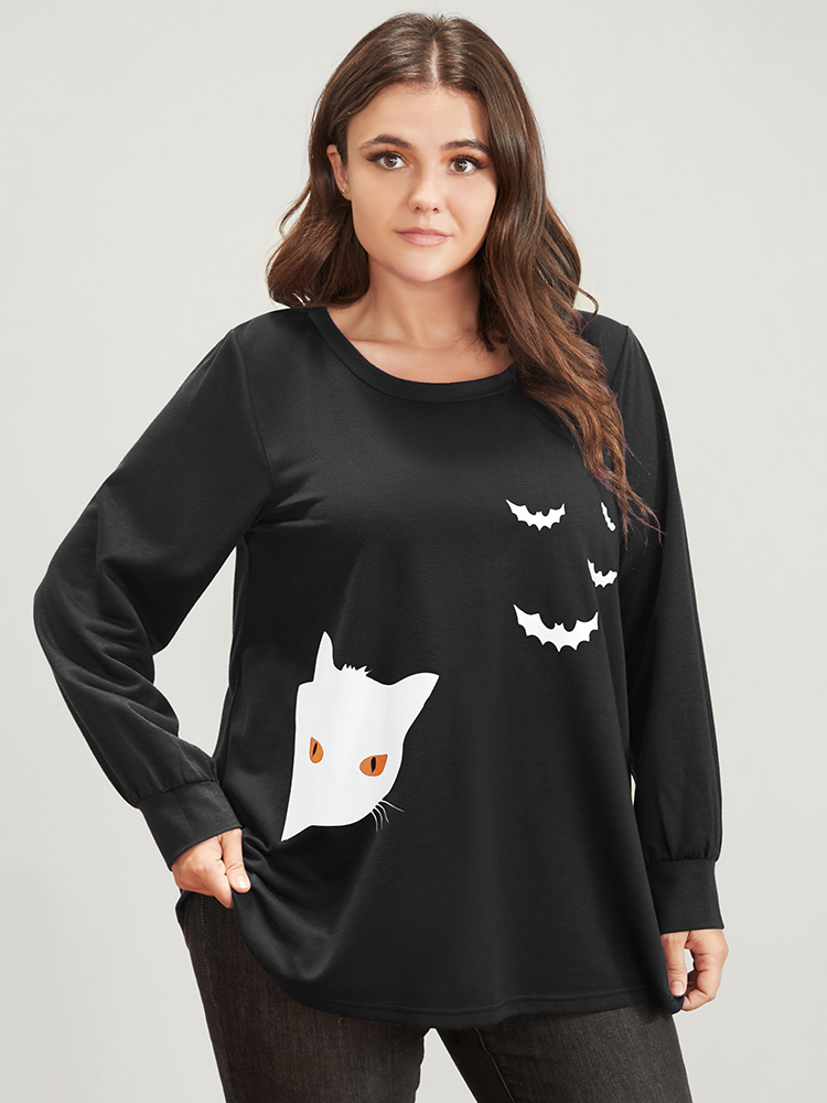 

Plus Size Halloween Print Round Neck Drop Shoulder Sweatshirt Women Black Casual Printed V-neck Festival-Halloween Sweatshirts BloomChic