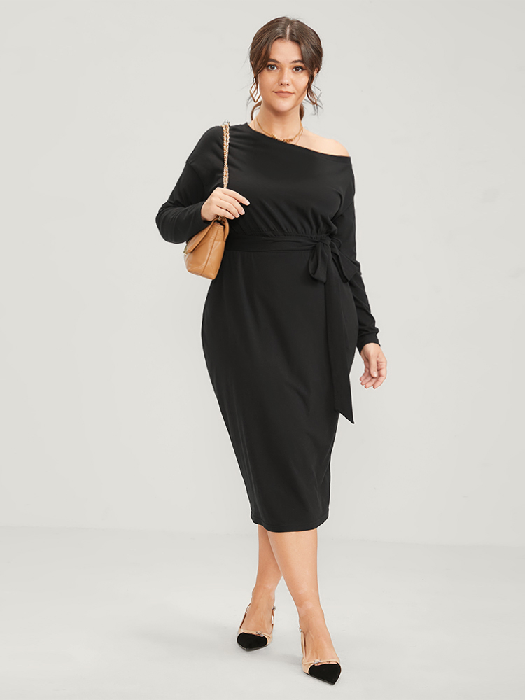

Plain Plus Size Women Workwear Knit Dress Slightly Stretchy Bodycon Long Sleeve One Shoulder Pocket Belt Going out Glamour Dresses BloomChic, Black