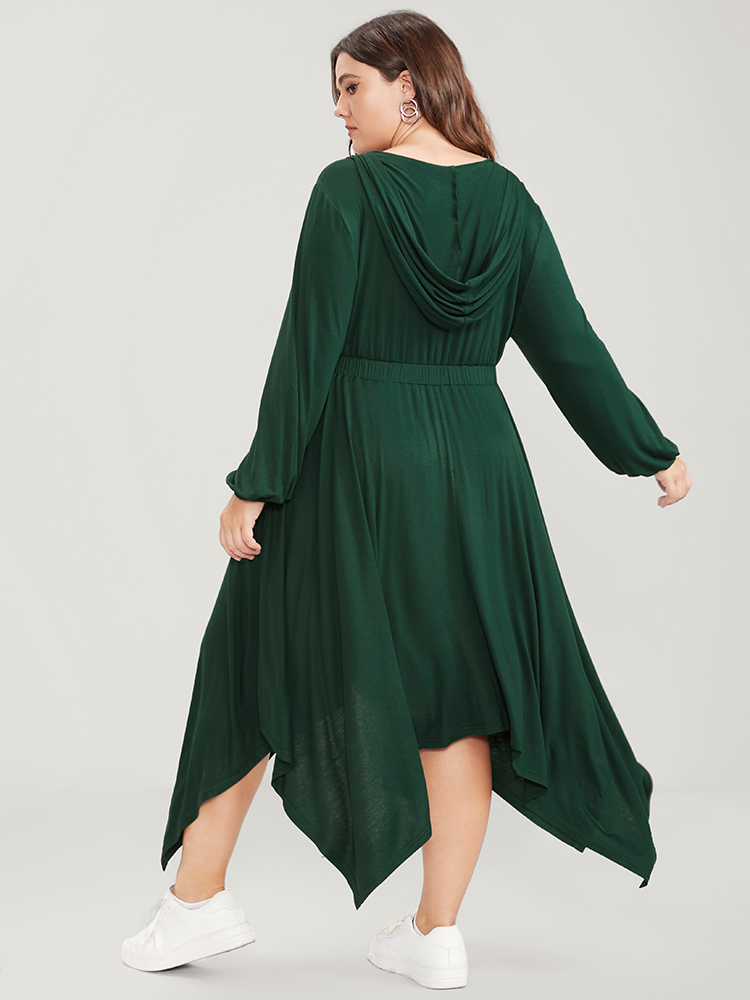 Plus Size Women Dailywear Plain Elastic Waist Lantern Sleeve Long Sleeve Hooded Pocket Elegant Dresses BloomChic 
