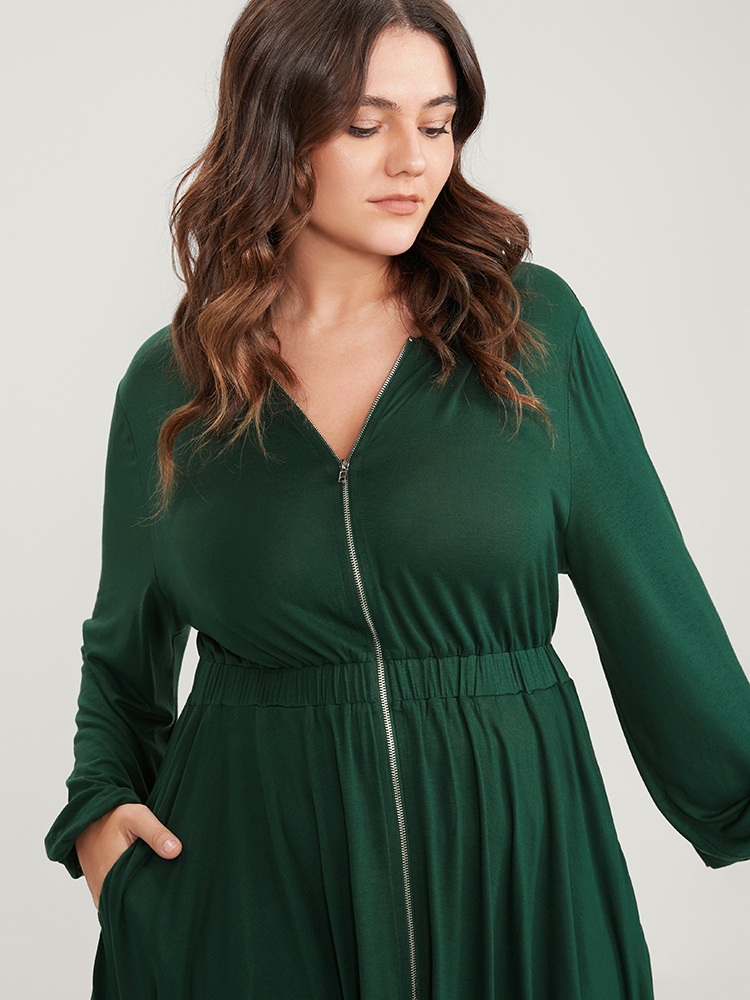 Plus Size Women Dailywear Plain Elastic Waist Lantern Sleeve Long Sleeve Hooded Pocket Elegant Dresses BloomChic 
