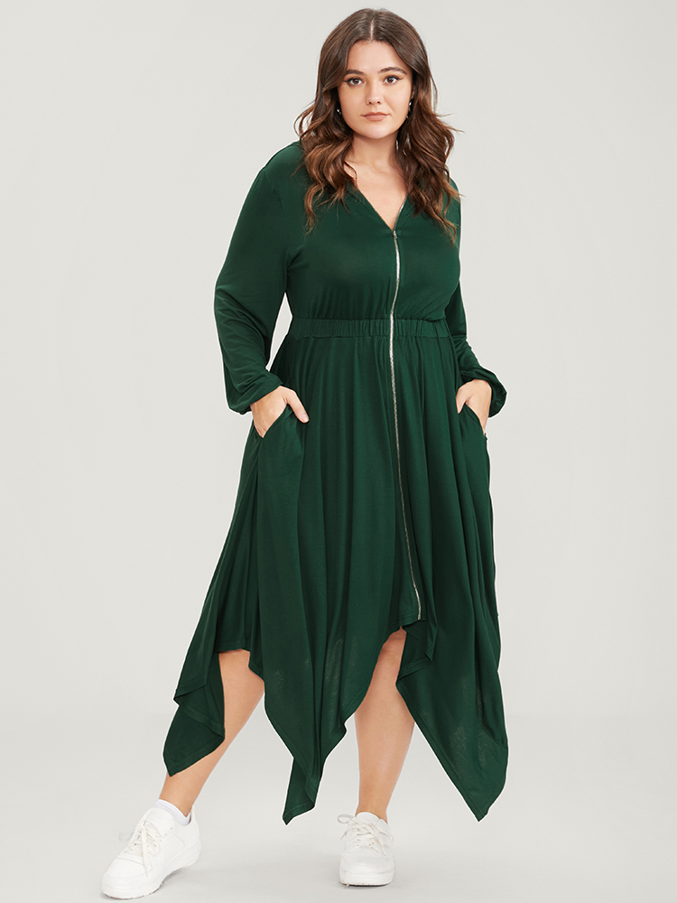 Plus Size Women Dailywear Plain Elastic Waist Lantern Sleeve Long Sleeve Hooded Pocket Elegant Dresses BloomChic 