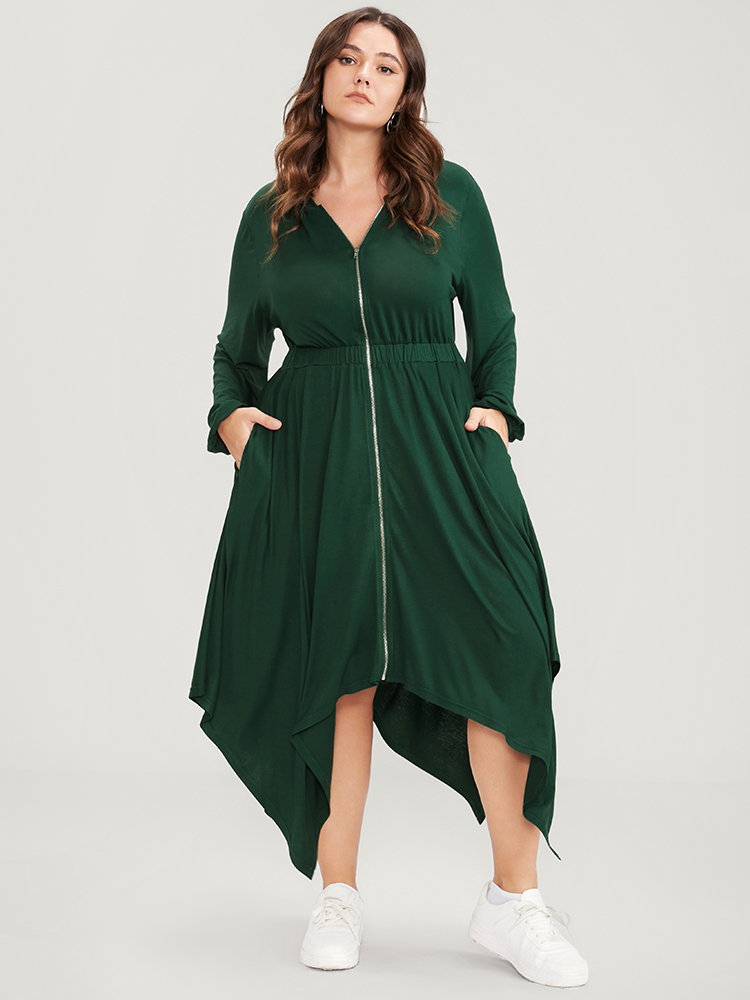 Plus Size Women Dailywear Plain Elastic Waist Lantern Sleeve Long Sleeve Hooded Pocket Elegant Dresses BloomChic 