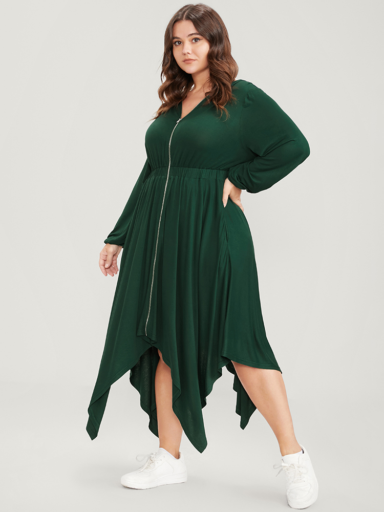 

Plus Size Solid Pocket Zipper Up Hanky Hem Dress Green Women Elegant Elastic Waist Hooded Long Sleeve Curvy Long Dress BloomChic