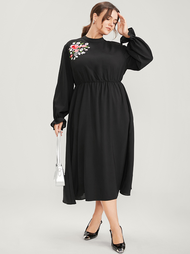 

Plus Size Floral Embroidered Pocket Mock Neck Dress Black Women Office Embroidered Mock Neck Long Sleeve Curvy Midi Dress BloomChic