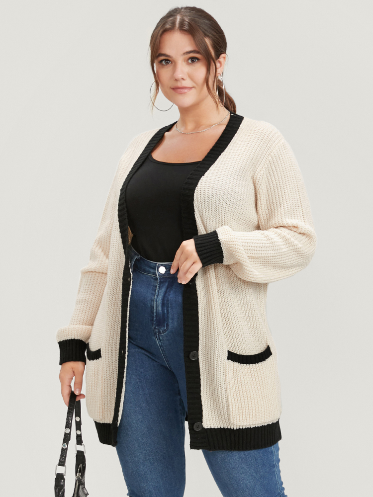 

Plus Size Contrast Trim Pointelle Knit Pocket Button Front Cardigan Beige Women Elegant Loose Long Sleeve Dailywear Cardigans BloomChic