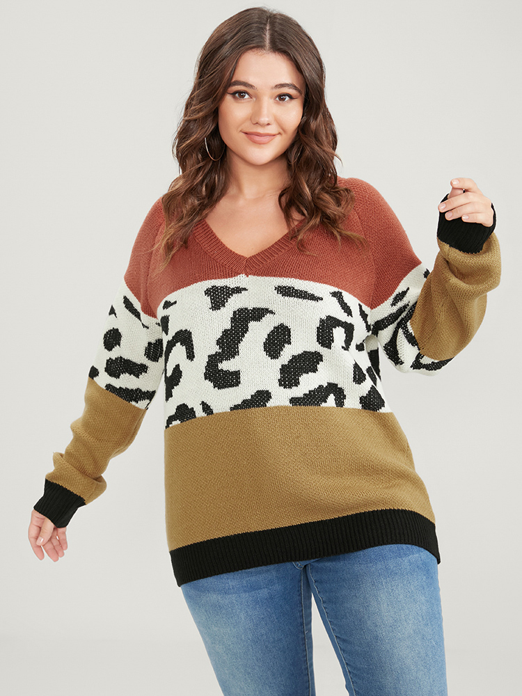 

Plus Size Leopard Colorblock Contrast Pointelle Knit V Neck Knit Top Multicolor Women Casual Loose Long Sleeve V-neck Dailywear Pullovers BloomChic