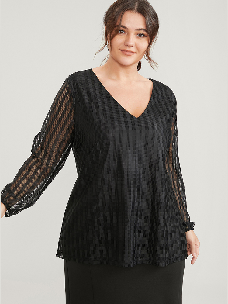

Plus Size Black Striped Mesh Cut Out V Neck Blouse Women Glamour Long Sleeve V-neck Going out Blouses BloomChic