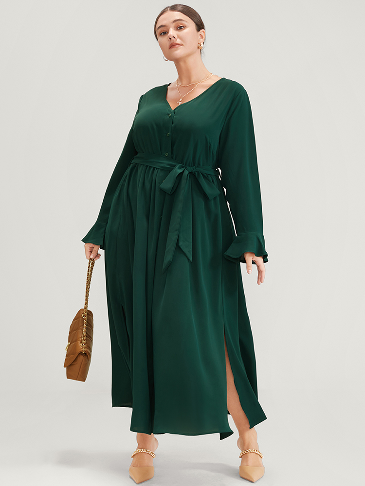 

Plus Size Solid V Neck Ruffled Button Detail Belted Split Maxi Dress Green Women Elegant Pocket V-neck Long Sleeve Curvy Long Dress BloomChic