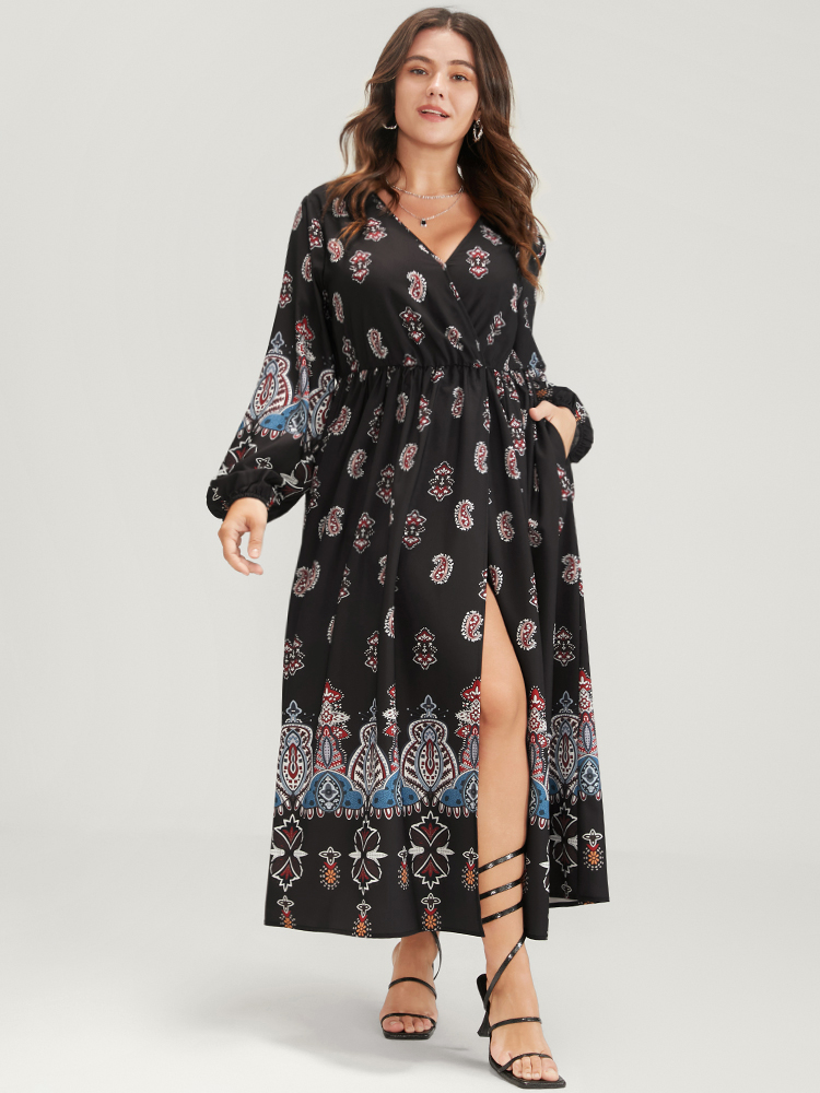 

Plus Size Paisley Pocket Split Wrap Maxi Dress Black Women Vacation Pocket V-neck Long Sleeve Curvy Long Dress BloomChic