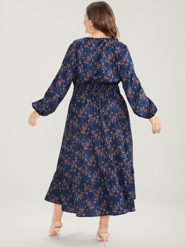 

Plus Size Floral V Neck Pocket Lantern Sleeve Shirred Split Dress DarkBlue Women Elegant Pocket V-neck Long Sleeve Curvy Midi Dress BloomChic