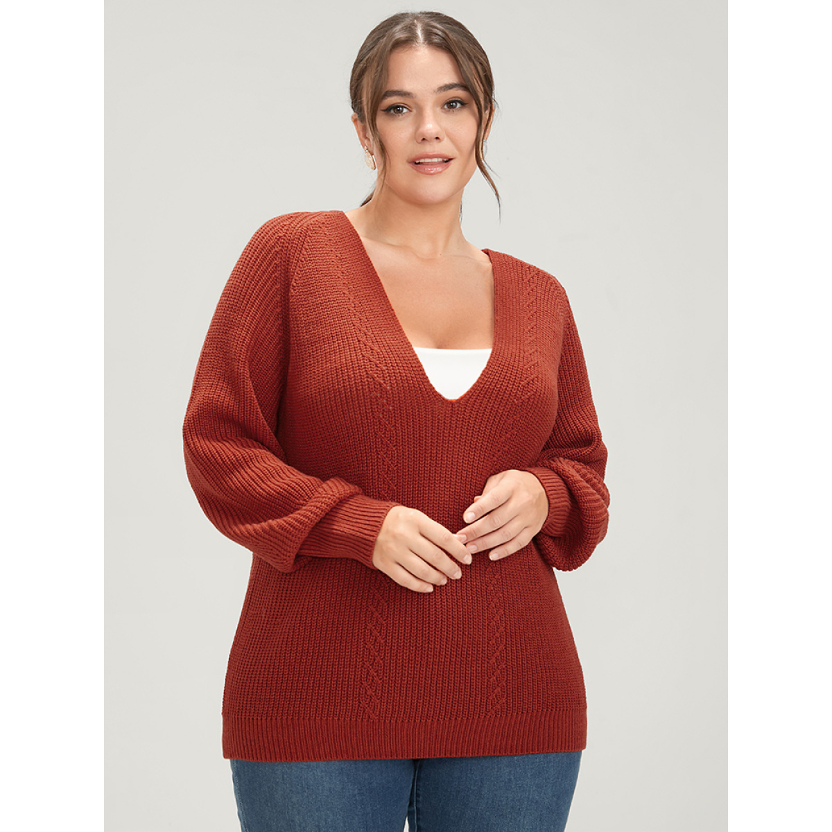 

Plus Size Solid Pointelle Knit Deep V Neck Knit Top Coral Women Casual Long Sleeve Deep V-neck Dailywear Pullovers BloomChic