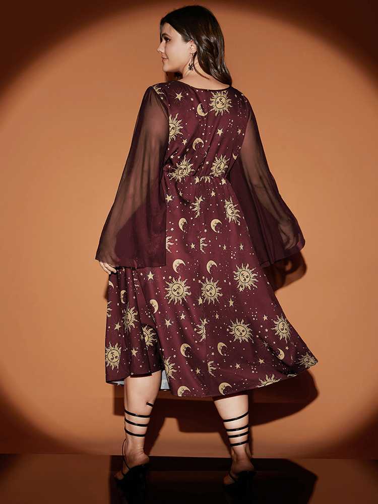 

Plus Size Halloween Moon And Star Bell Sleeve Pocket Crew Neck Midi Dress Burgundy Women Elegant Patchwork Round Neck Long Sleeve Curvy Midi Dress BloomChic