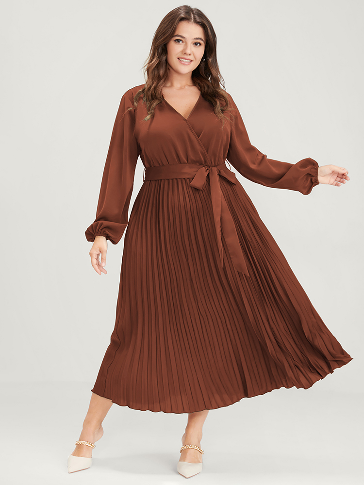 

Plus Size Solid Lantern Sleeve Belted Pleated Wrap Dress Rust Women Elegant Plain V-neck Long Sleeve Curvy Midi Dress BloomChic