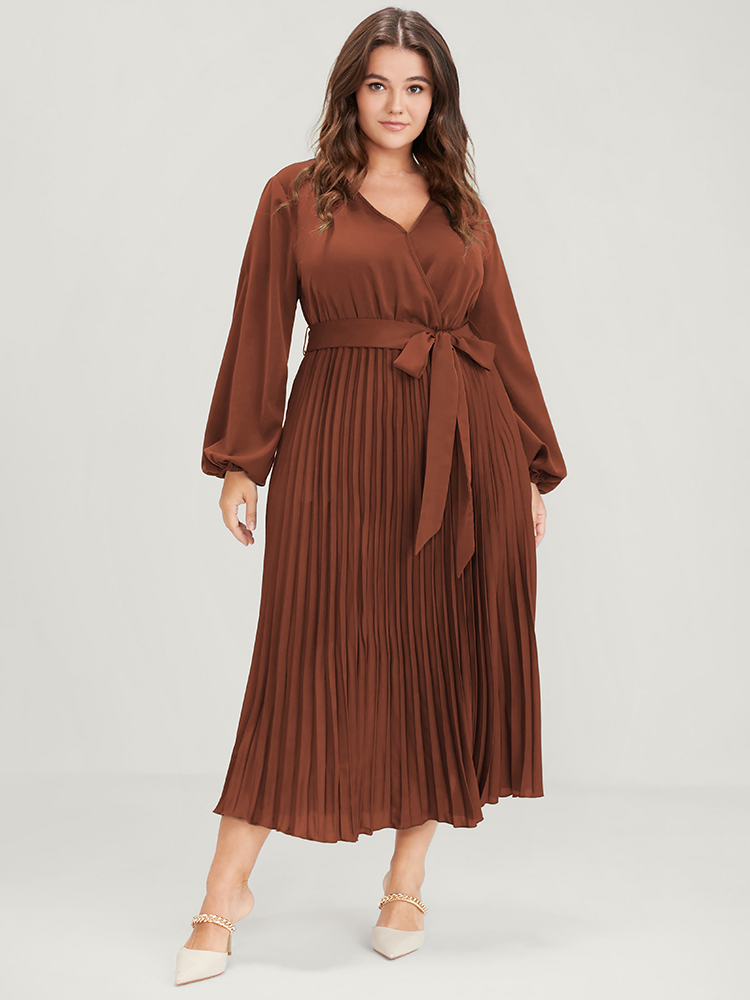 

Plus Size Solid Lantern Sleeve Belted Pleated Wrap Dress Rust Women Elegant Plain V-neck Long Sleeve Curvy Midi Dress BloomChic