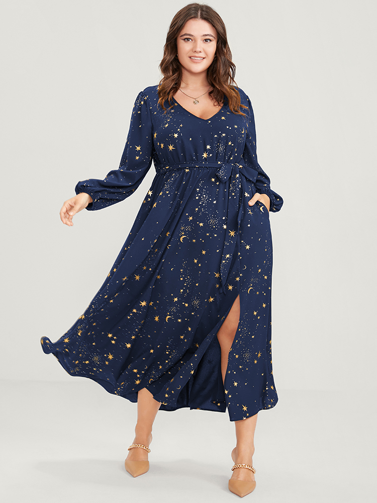 

Plus Size Moon And Star Pocket Split Belted Bodycon Dress DarkBlue Women Party Pocket V-neck Long Sleeve Curvy Midi Dress BloomChic