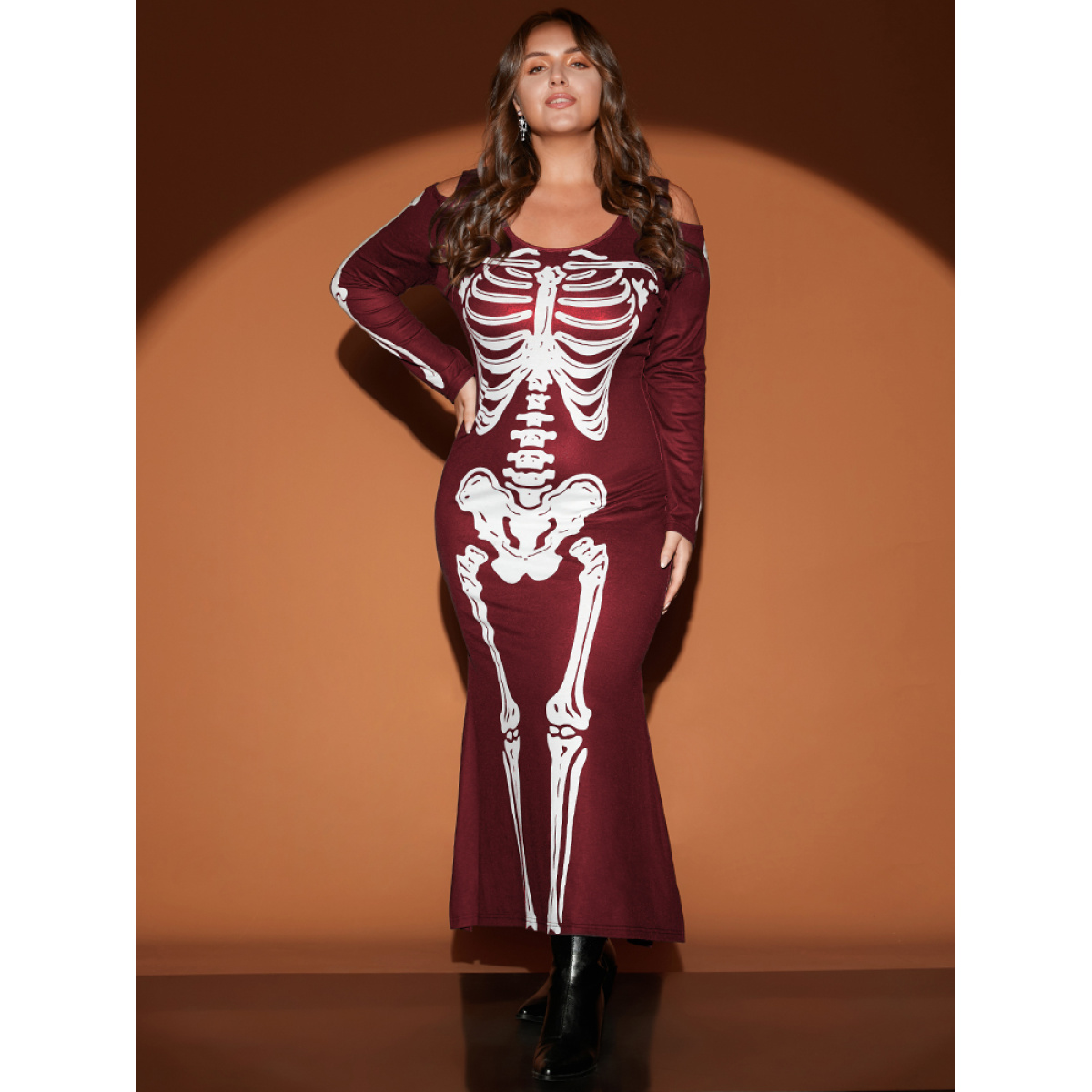 

Plus Size Halloween Skeleton Print Cold Shoulder Split Hem Maxi Dress Burgundy Women Printed Cold Shoulder Long Sleeve Curvy Long Dress BloomChic