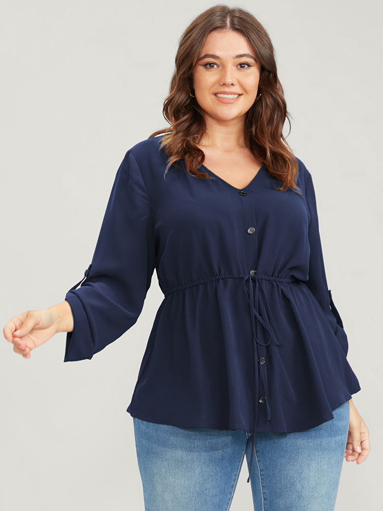 

Plus Size Navy Solid Roll Sleeve Button Down Drawstring Blouse Women Office Long Sleeve V-neck Work Blouses BloomChic