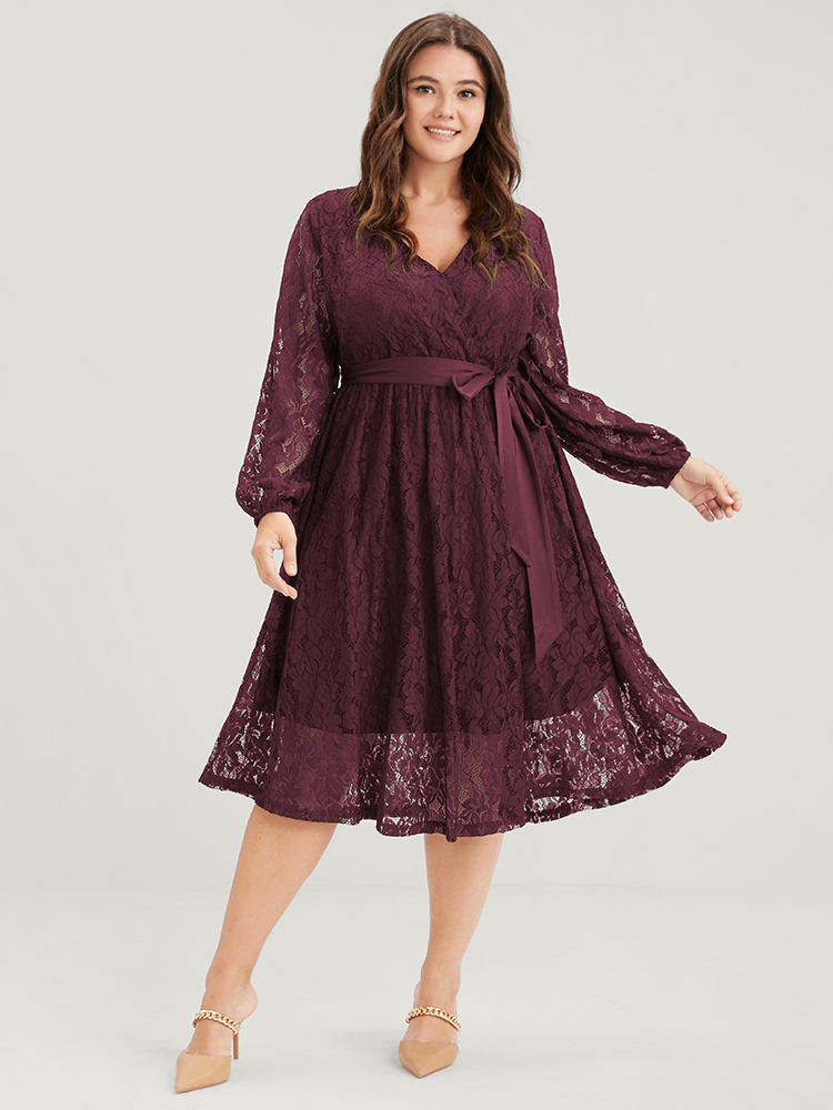 

Embroidered Elegant Plus Size Women Going out Plain Midi Dress Ties Slightly Stretchy Lantern Sleeve Long Sleeve V Neck Belt Glamour Dresses BloomChic, Burgundy