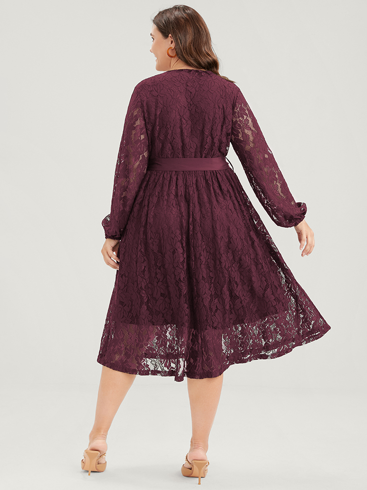 

Embroidered Elegant Plus Size Women Going out Plain Midi Dress Ties Slightly Stretchy Lantern Sleeve Long Sleeve V Neck Belt Glamour Dresses BloomChic, Burgundy