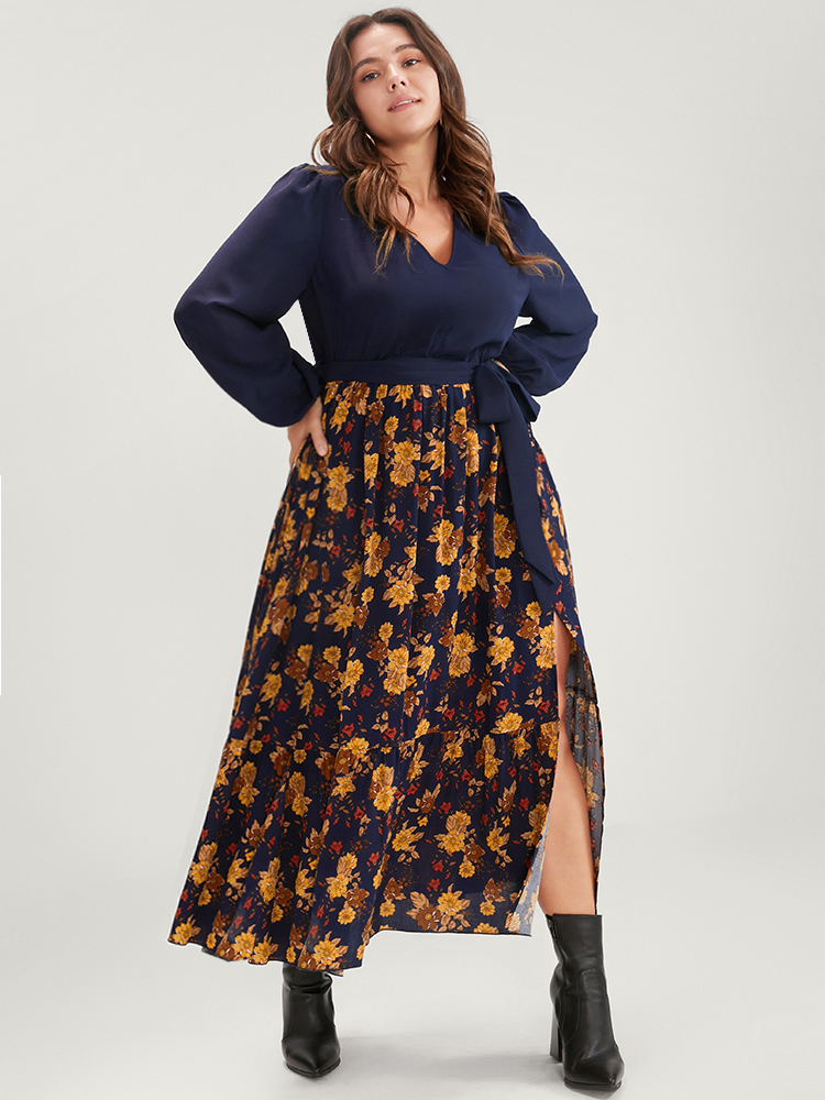 

Plus Size Floral Split Lantern Sleeve Pocket Flutter Belted Dress Navy Women Elegant Printed V-neck Long Sleeve Curvy Midi Dress BloomChic