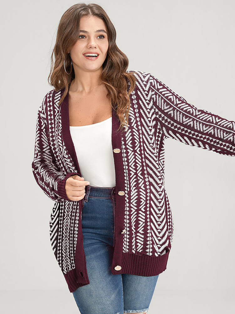 

Plus Size Bandana Geometric Pointelle Knit Contrast Button Front Cardigan Maroon Women Casual Loose Long Sleeve Dailywear Cardigans BloomChic