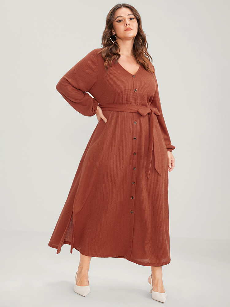

Plus Size Solid Lantern Sleeve Pocket Button Detail Waffle Knit Belted Dress Rust Women Button V-neck Long Sleeve Curvy Long Dress BloomChic