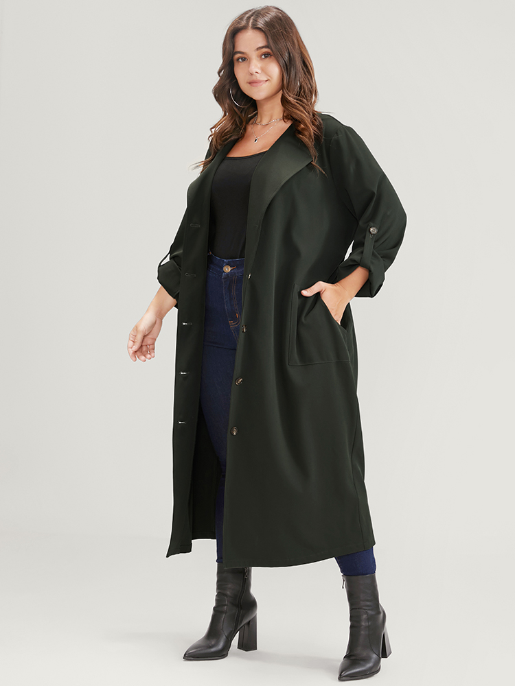 Image of Plus Size Solid Cuffed Sleeve Belted Pocket Button Up Trench Coat Women ArmyGreen Casual Plain Ladies Dailywear Winter Coats BloomChic 10/M
