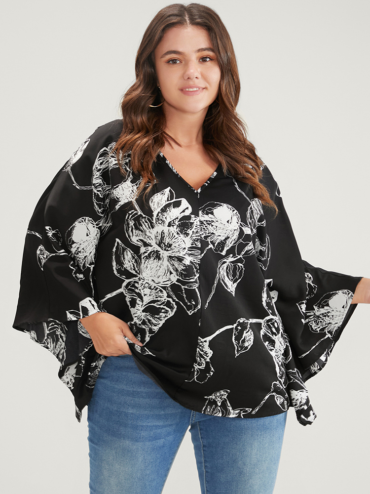 Plus Size Women Dailywear Floral Asymmetrical Dolman Sleeve Long Sleeve V-neck Elegant Blouses BloomChic 