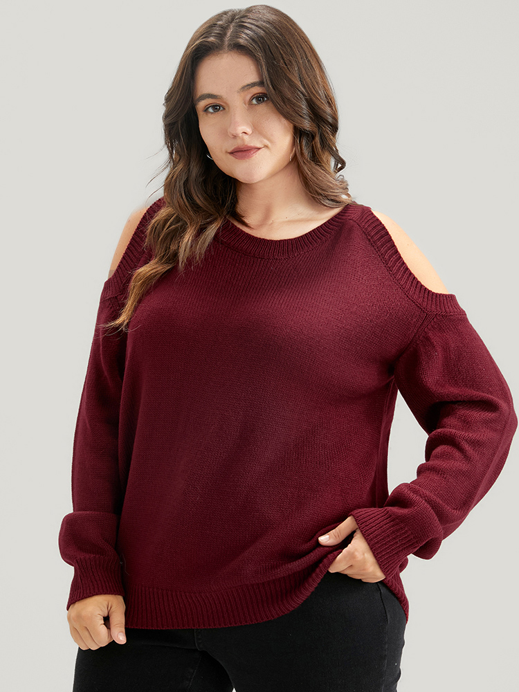 

Plus Size Solid Pointelle Knit Cold Shoulder Knit Top Scarlet Women Elegant Long Sleeve Cold Shoulder Dailywear Pullovers BloomChic