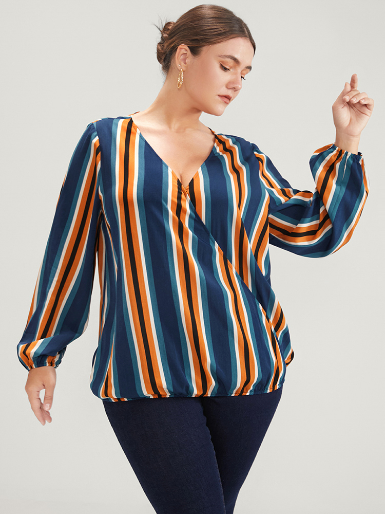 

Plus Size Indigo Striped Lantern Sleeve Wrap Blouse Women Office Long Sleeve V-neck Work Blouses BloomChic