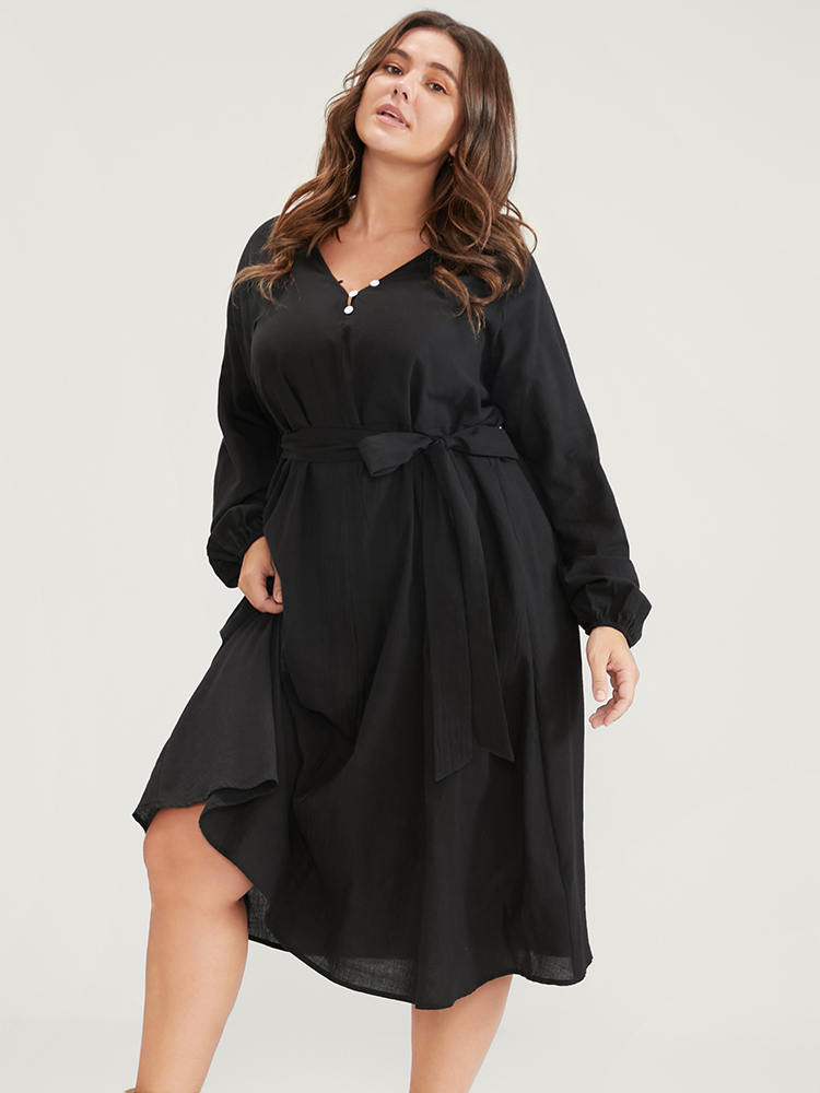 

Plus Size Solid Belted Lantern Sleeve Button Up Pocket Midi Dress Black Women Office Belted V-neck Long Sleeve Curvy Midi Dress BloomChic