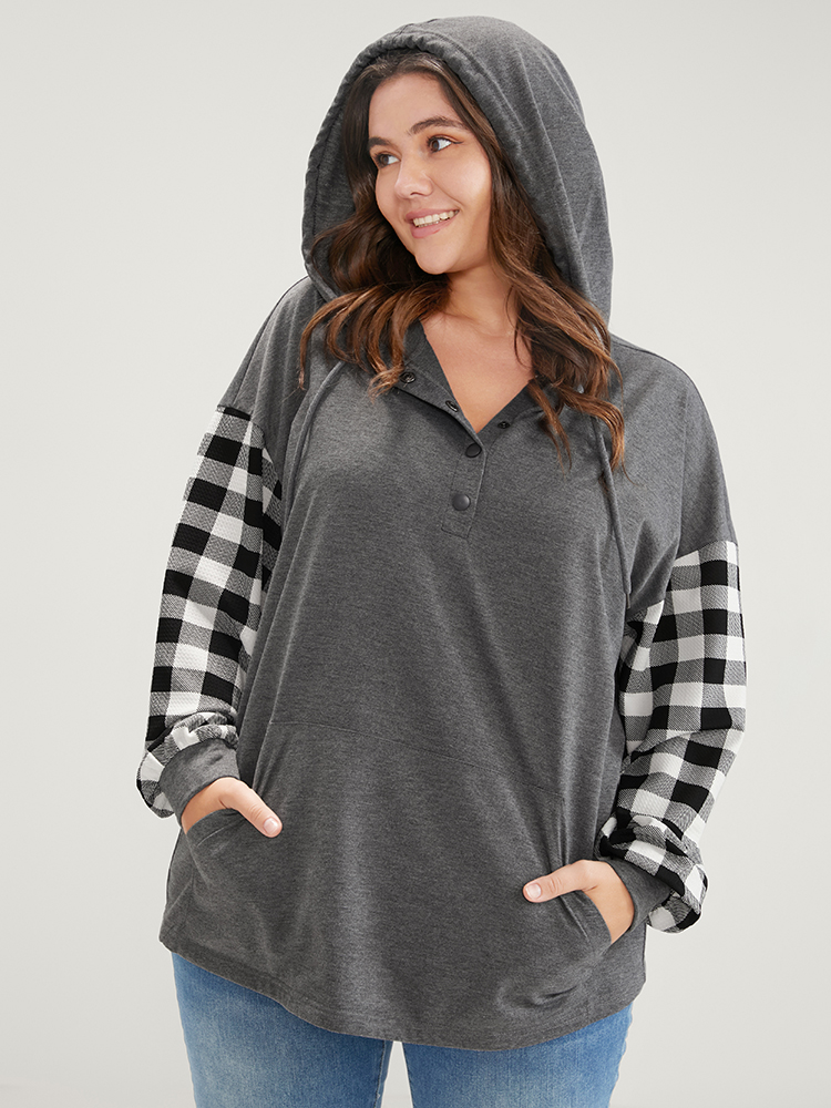 Plus Size Gingham Pocket Button Up Hooded Sweatshirt Women DimGray Casual Contrast Hooded Dailywear Sweatshirts BloomChic 28/5X 