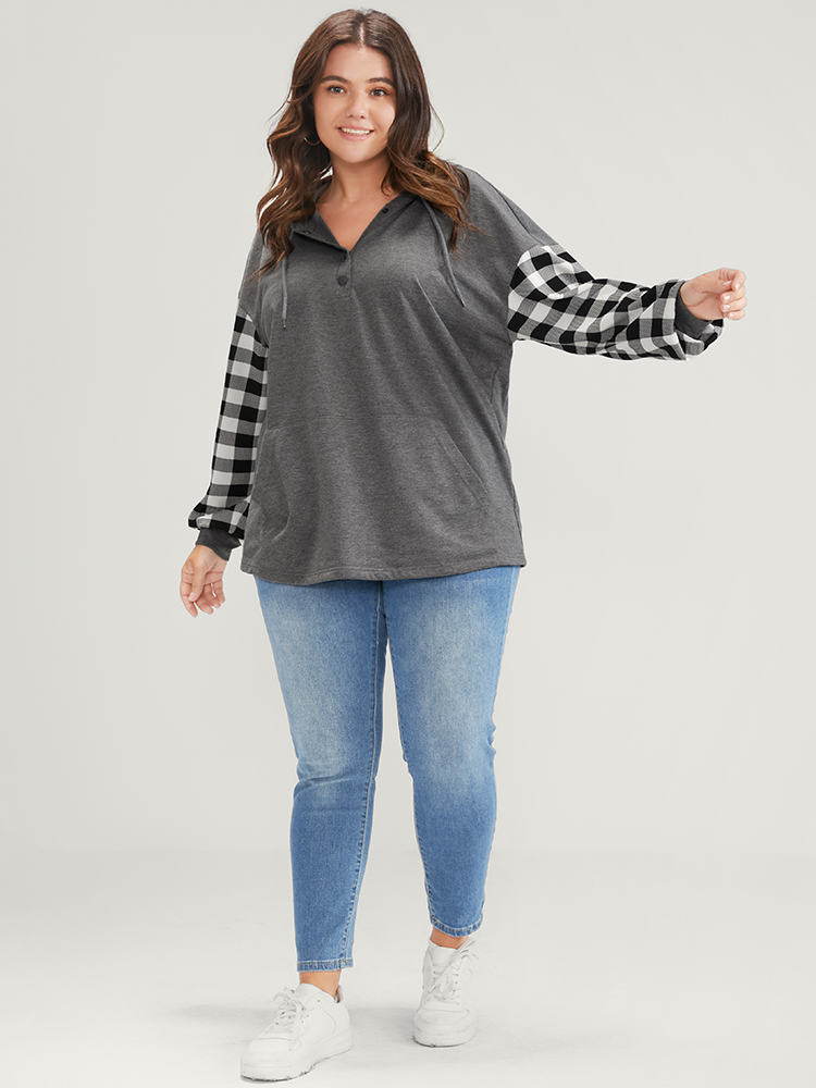 Plus Size Gingham Pocket Button Up Hooded Sweatshirt Women DimGray Casual Contrast Hooded Dailywear Sweatshirts BloomChic 28/5X 