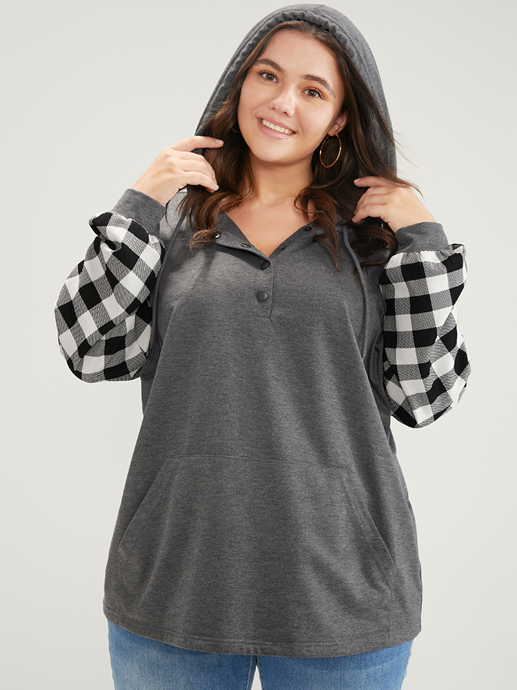 Plus Size Gingham Pocket Button Up Hooded Sweatshirt Women DimGray Casual Contrast Hooded Dailywear Sweatshirts BloomChic 28/5X 