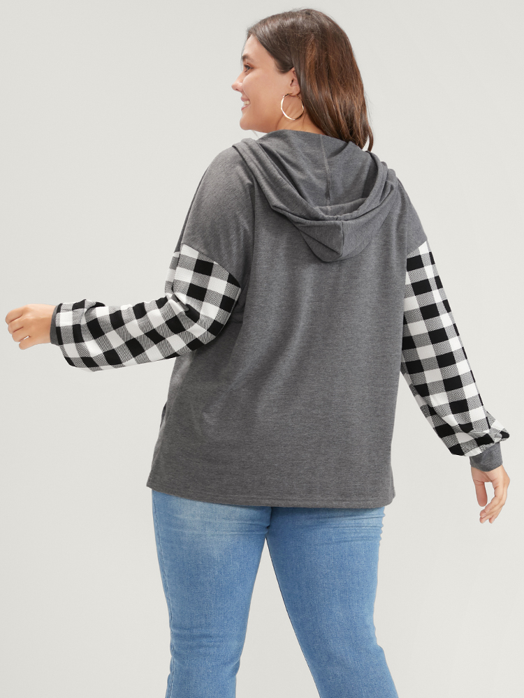 

Plus Size Gingham Pocket Button Up Hooded Sweatshirt Women DimGray Casual Contrast Hooded Dailywear Sweatshirts BloomChic