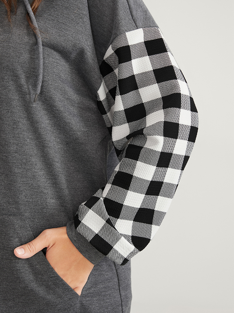 Plus Size Gingham Pocket Button Up Hooded Sweatshirt Women DimGray Casual Contrast Hooded Dailywear Sweatshirts BloomChic 28/5X 
