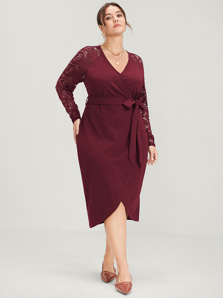 

Plus Size Solid Button Eyelet Lace Belted Wrap Knee Dress Burgundy Women Cross straps V-neck Long Sleeve Curvy Midi Dress BloomChic