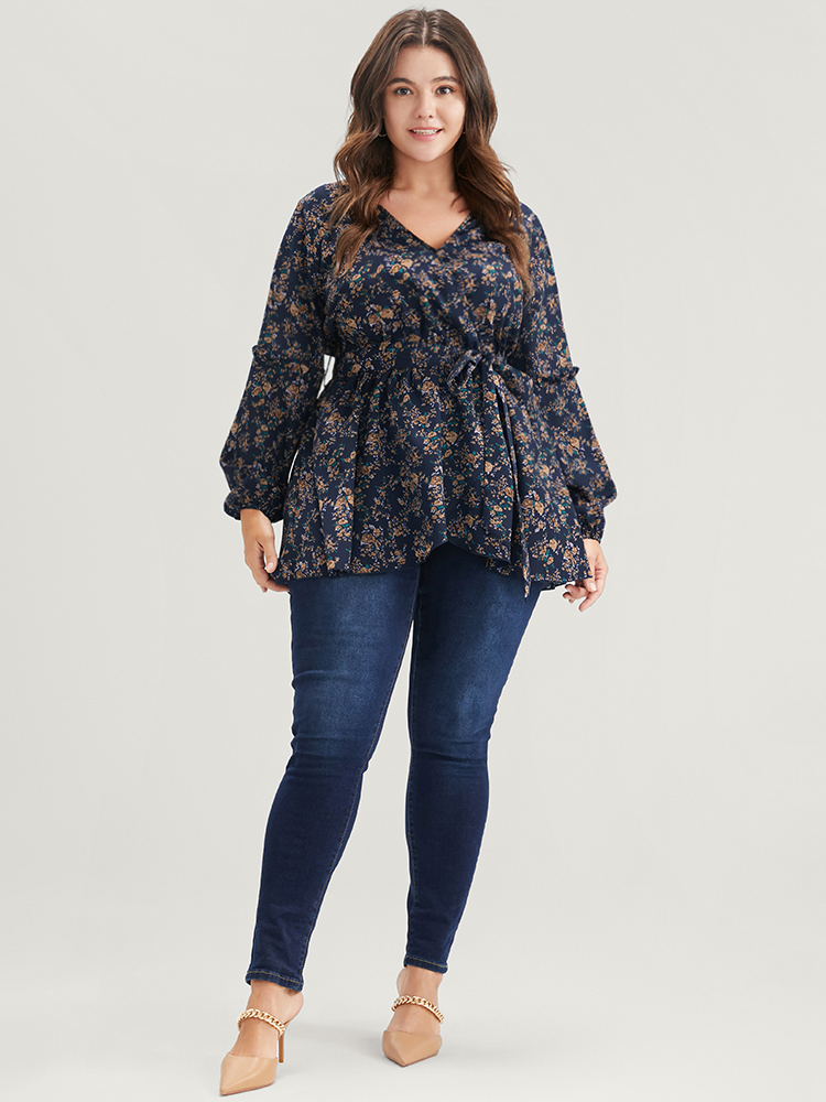 

Plus Size DarkBlue Floral Print Lantern Sleeve Asymmetrical Hem Wrap Blouse Women Elegant Long Sleeve V-neck Dailywear Blouses BloomChic