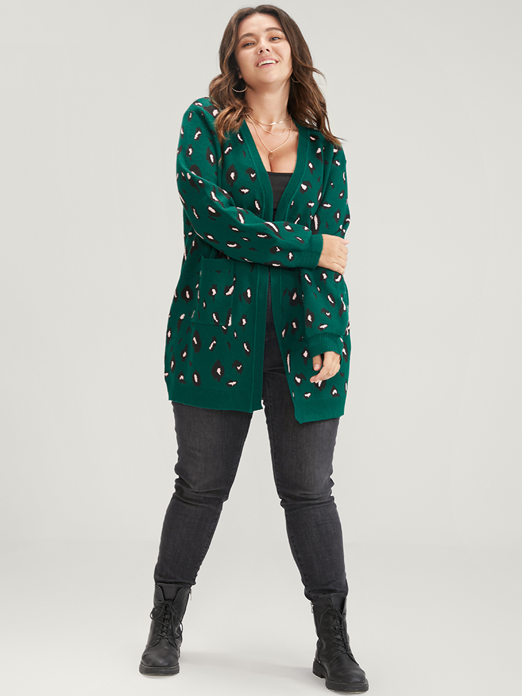 

Plus Size Leopard Super Soft Knit Pocket Jacquard Open Front Cardigan DarkGreen Women Casual Long Sleeve Dailywear Cardigans BloomChic