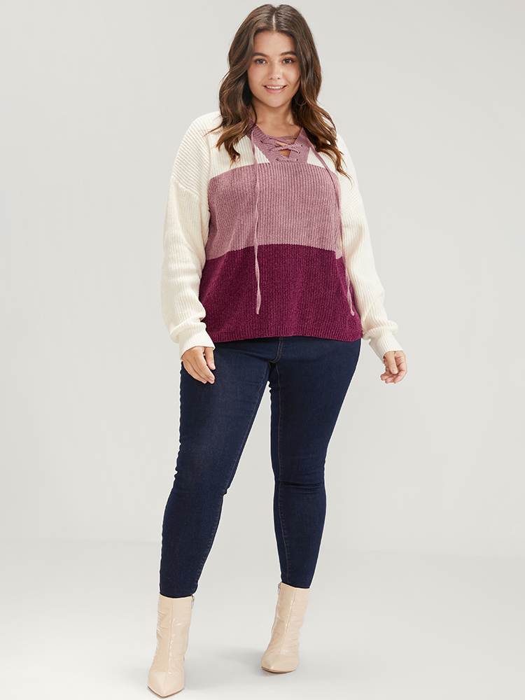 Colorblock Contrast Chenille Knit Lace Up V Neck Knit Top BloomChic 