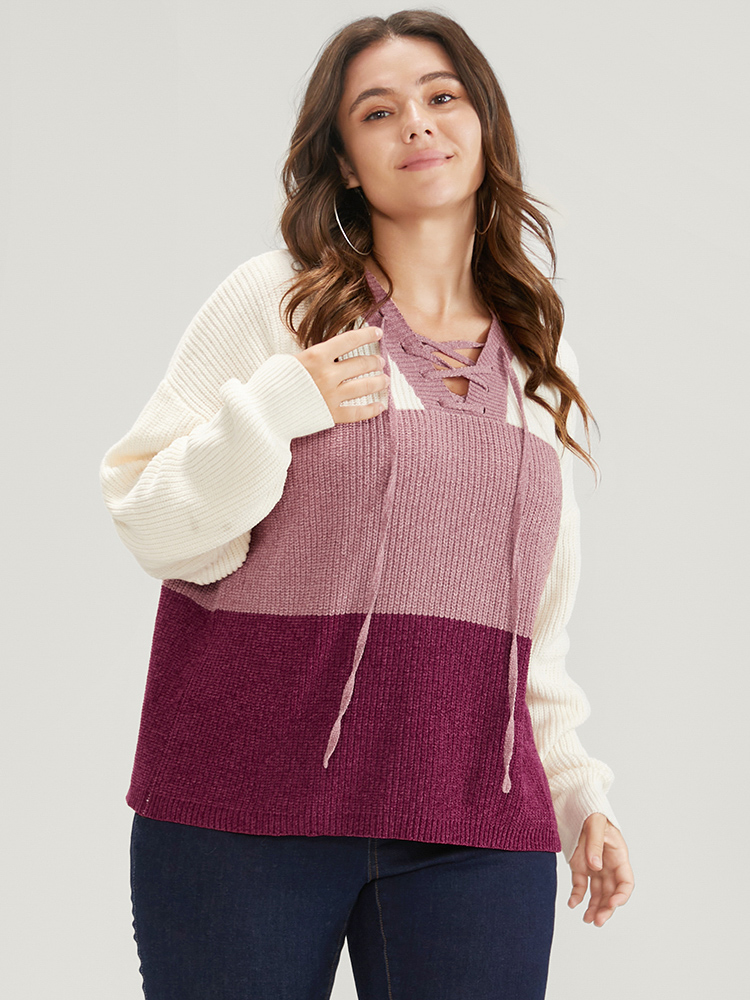 Colorblock Contrast Chenille Knit Lace Up V Neck Knit Top BloomChic 